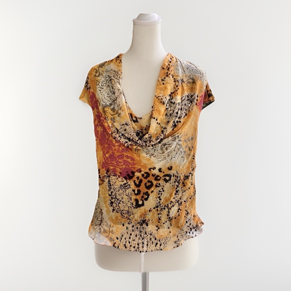 Vtg VIE by Victoria Royal‎ Sequin Cowl Neck Top Size 12 Lined Animal Print 90s